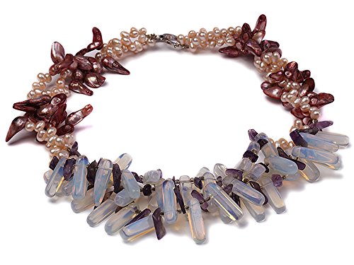 【中古】【未使用・未開封品】JYX three-strand養殖淡水パール、ムーンストーンとアメジストネックレス。19.7?inches