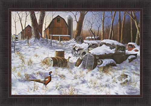 【中古】【未使用・未開封品】冬Haven by Jim Hansel 24?x 34?Pheasants BarnファームOld Vintage Truck雪アートフレーム印刷画像