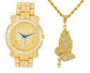 yÁzygpEJizPraying Hands Ice'd Out Pendent with Gold Tone Necklace with Fully Blinged Out Luxurious Gold Watch