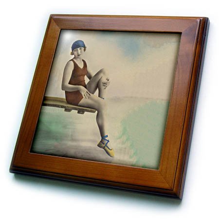 【中古】【未使用・未開封品】3drose Andrea Haase Art Illustration???Vintage Lady In Old Fashioned swim suit???フレーム付きタイル 6 x 6