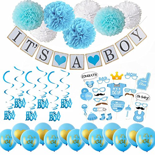 【中古】【未使用 未開封品】(It 039 s a Boy) - 52pcs Baby Shower Decorations for Boy - Includes matching 039 Its A Boy 039 Banner Balloons, Cute Photo Booth Props, Blue