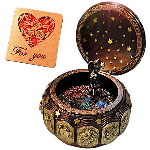 (A1 Gold) - Vintage Music Box with 12 Constellations Rotating Goddess LED lights Twinkling Resin Carved Mechanism Musical Box with Sank