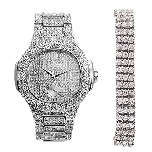 【中古】【未使用・未開封品】スクエアリンクテニスヒップホップメンズトリプル行Bling Blingブレスレットwith Matching Iced OutシルバーOblong Watch???8475b 3rtennisシ