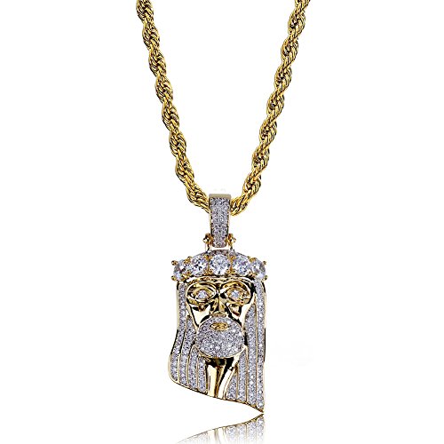 TOPGRILLZ メンズ 14K ゴールドメッキ アイスアウト キュービックジルコニア 模造ダイヤモンド 王冠 イエス ピース ペンダントネックレス
