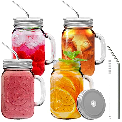 【中古】【未使用・未開封品】Mason Jar Mugs with Handle and Metal Straws, Brimley Old Fashioned Drinking Glass Set of 4, 470ml