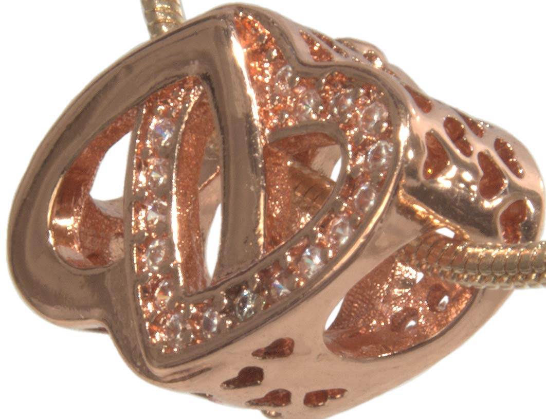 【中古】【未使用・未開封品】チャーム、ヨーロピアンスタイル ローズゴールドメッキ キュービックジルコニア ダブルハートチャーム+ 無料ギフトバッグ