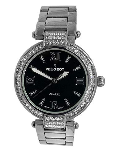 【中古】【未使用・未開封品】Peugeot レディース ドレスウォッチ クリスタルベゼル 真珠層ダイヤル ローマ数字 & Tバーメタルリンク 調節可能なブレスレット ブラック/シルバ