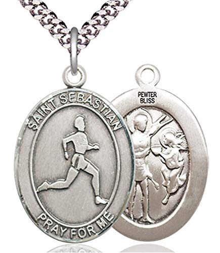 【中古】【未使用・未開封品】Heartland Store メンズ ピューターオーバル 聖セバスチャン 陸上競技メダル + アメリカ製 + チェーンチョイス, 金属