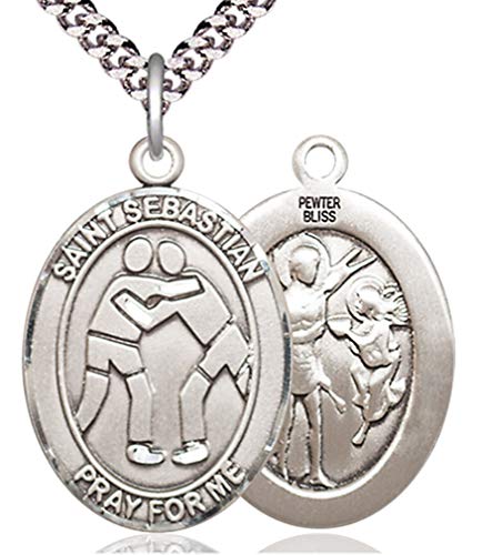 【中古】【未使用・未開封品】メンズ ピューター 楕円形 聖セバスチャン レスリングメダル + 米国製 + チェーン選択
