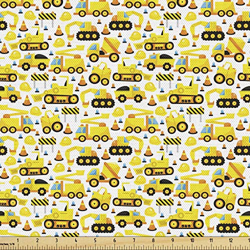【中古】【未使用・未開封品】Lunarable Cartoon Fabric by The Yard, 建設車両スタイルマシン 安全ビルディングテーマ、室内装飾やホームアクセントの装飾ファブリック、5ヤ