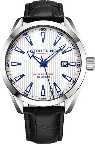 Stuhrling Original メンズウォッチ アナログダイヤル 日付機能付き カーフスキンレザーストラップ ステンレススチールブレスレット 3953 メンズ