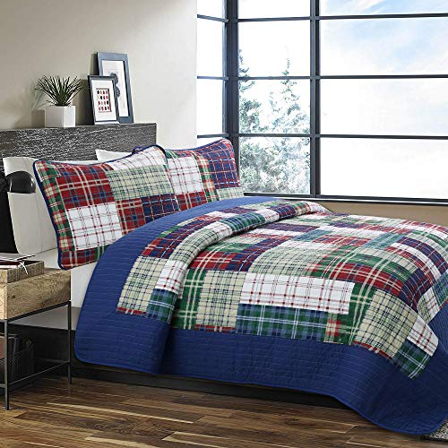【中古】【未使用・未開封品】Cozy Line Home Fashions ネイビーブルー グリーン レッド チェック柄 100%コットンキルト寝具セット リバーシブル ベッドスプレッド (イングラ