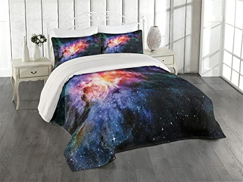 【中古】【未使用 未開封品】Lunarable (ルナラブル) 宇宙 ベッドカバーセット クイーンサイズ 星空の奥 星雲と宇宙の銀河 天体プリント 装飾キルトベッドカバー3点セット 枕