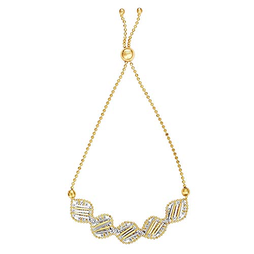 MCS Jewelry 14カラット イエロー&ホワイトゴールド ダイヤモンドカット ボロフレンドシップ 調節可能ブレスレット 9.25インチ