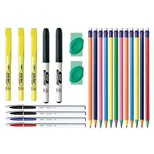 BIC Student Kit, Assorted School Writing Essentials, 23-Count - Includes Ball Pens, Mechanical Pencils, Erasers, Highlighters, Dry Eras