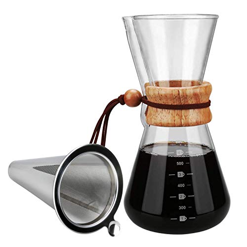 OAMCEG ポアオーバーコーヒーメーカー 20オンス ホウケイ酸ガラスカラフェ 再利用可能 ステンレススチール パーマネントフィルター 手動コーヒー