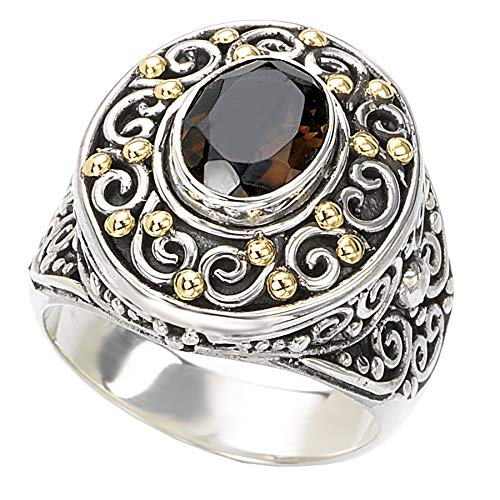 【中古】【未使用・未開封品】925 シルバー & スモーキークォーツ オーバル スクロールリング 18Kゴールドアクセント - サイズ 7