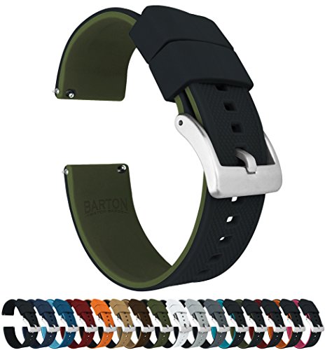 【中古】【未使用・未開封品】[BARTON WATCH BANDS] エリート シリコン腕時計用バンド ブラック/アーミーグリーン - クイックリリース - ストラップカラー＆幅選択 19mm ブラ