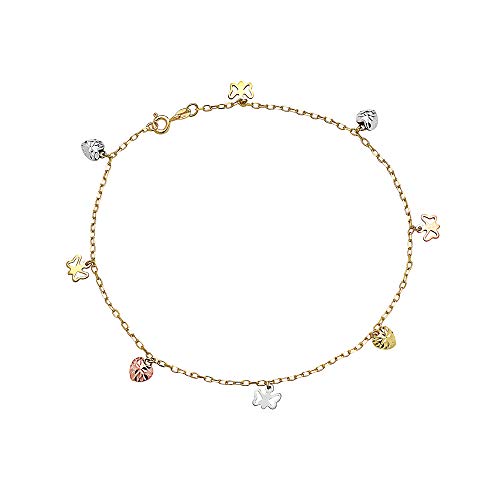 Pori Jewelers 14K 純金 トリカラー ダングルチャーム アンクレット - 複数のスタイルから選択 - 10 インチ ゴールドチャーム アンクレット