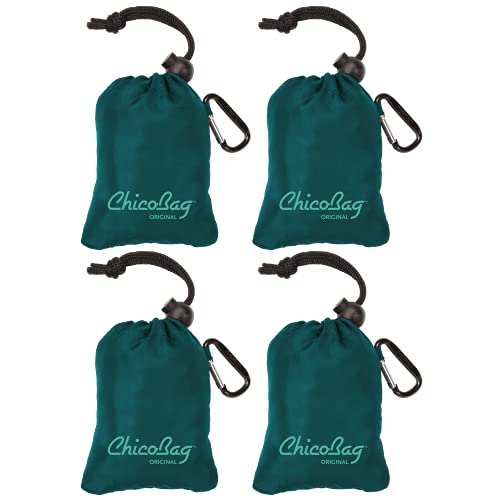 ChicoBag オリジナル 再利用可能 トートバッグ カラビナクリップ付き | コンパクト 再利用可能 食料品バッグ | 環境に優しい | アクア (4個パッ