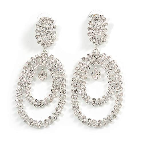 【中古】【未使用・未開封品】ラージクリアクリスタルオーバルフープイヤリング ロジウムメッキ 長さ8cm(4.0)