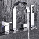【中古】【未使用・未開封品】BULUXE ローマン浴槽蛇口 ハンドシャワー付き ダブルハンドル 4穴 幅広 モダン スタイル 浴室 浴槽 蛇口 グースネックの注ぎ口 光沢クロムソリッ