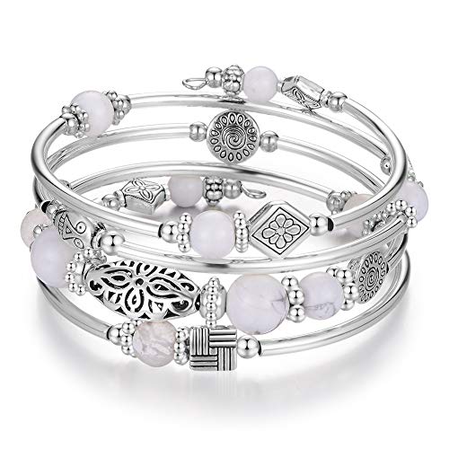 【中古】【未使用・未開封品】BULINLIN レイヤードラップバングル ターコイズブレスレット ビーズブレスレット 天然メノウストーン付き 女性へのギフトに, 12 inch, 金属, ア