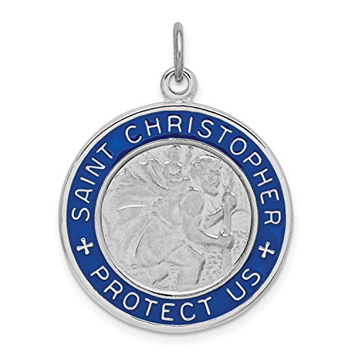 Blue Saint Christopher Protect Us Words On Round Quarter サイズチャーム 925 スターリングシルバー 28x24mm