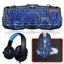 【中古】【未使用 未開封品】Gaming Keyboard and Mouse Combo with Headset, MFTEK Crack Backlit 3 Colors Keyboard, Wired Gaming Mouse, Lighted Gaming Headset with Mi