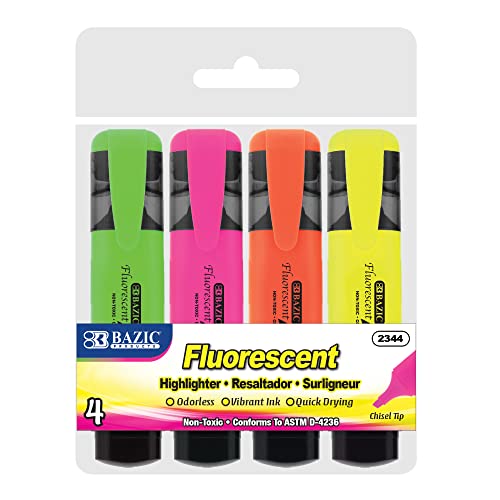 【中古】【未使用・未開封品】BAZIC Fluorescent Highlighters w/ Pocket Clip (4/Pack)