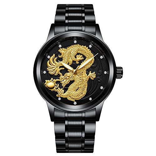 【中古】【未使用・未開封品】Udaney メンズ 3D ゴールドドラゴン ビジネス カジュアル クォーツ 腕時計 ステンレススチール ストラップ 父 夫 ボーイフレンドへの最高のギフ