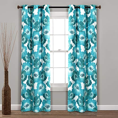 【中古】【未使用 未開封品】Julie Floral Insulated Grommet Blackout Window Curtain Panels Blue/Teal 38X95 Set