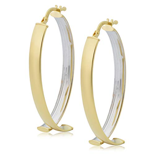 KoolJewelry 14Kツートーンイエロー&ホワイトゴールド バイパスオーバルフープピアス (19x37mm)