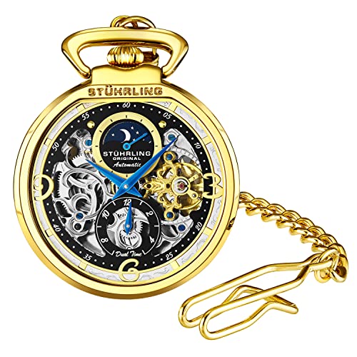 【中古】【未使用・未開封品】STUHRLING オリジナル メンズ 懐中時計 自動時計 スケルトンウォッチ メンズ ゴールド懐中時計 ベルトクリップとステンレススチールチェーン付き