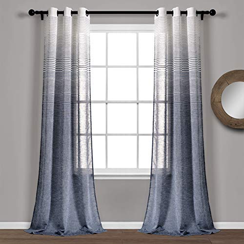 【中古】【未使用 未開封品】Ombre Stripe Grommet Sheer Window Curtain Panels Navy 38X84 Set