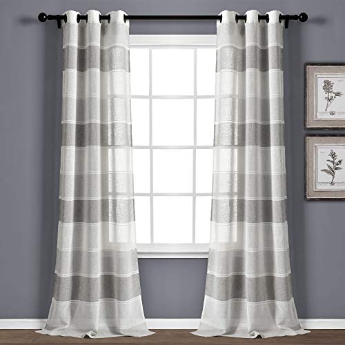 【中古】【未使用 未開封品】Textured Stripe Grommet Sheer Window Curtain Panels Gray 38X84 Set