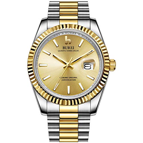【中古】【未使用・未開封品】BUREI メンズクォーツ腕時計 日付表示 ステンレススチールバンド ビジネス腕時計 メンズ ゴールドゴールドシルバー。