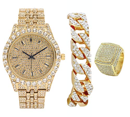 【中古】【未使用・未開封品】メンズヒップホップ時計 - トリムに大きなラインストーン、ダイヤルにエレガントなバゲットタイムインジケーター - 輝くデザイナールッ...