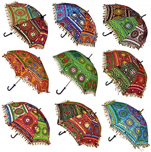 Mycrafts インディアン ハンドメイド デザイナー コットン ファッション マルチカラー 傘 刺繍 ボーホー 傘 パラソル 10個セット