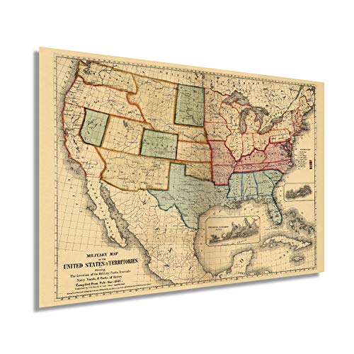 【中古】【未使用・未開封品】1861年 アメリカ合衆国と領土の軍事地図 24x32 Inch