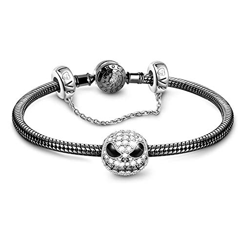 【中古】【未使用・未開封品】GNOCE ブラックチャームブレスレット 925スターリングシルバー スネークチェーンブレスレット スカルチャームビーズ付き 安全チェーン ベーシッ
