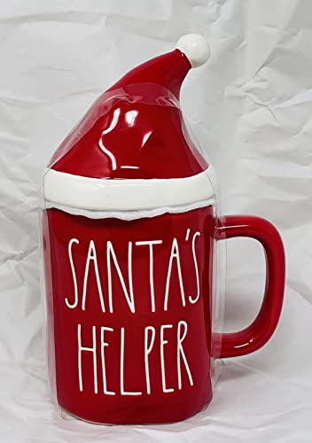 【中古】【未使用・未開封品】Rae Dunn SANTA'S HELPERコーヒーマグ - 帽子の蓋つき全面赤 - セラミック