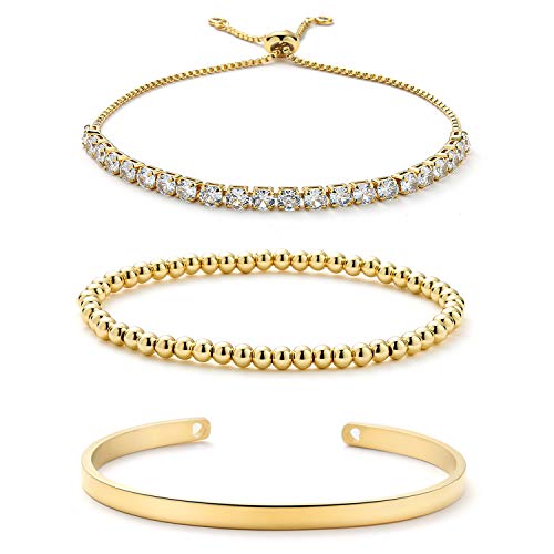 【中古】【未使用・未開封品】Starain 18Kゴールドメッキ テニスブレスレット レディース ホワイトキュービックジルコニア キラキラブレスレット ゴールド銅ビーズブレスレッ