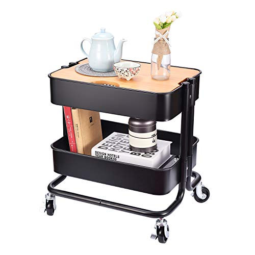 【中古】【未使用・未開封品】2段 金属製 ユーティリティ ローリングカート 収納 サイドエンドテーブル カバーボード付き オフィス ホーム キッチン 整理用 ブラック