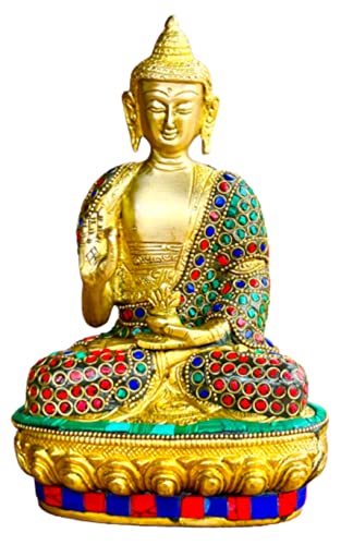 【中古】【未使用・未開封品】QT S 仏像真鍮ストーン仕上げ 仏陀 祈る像 ダルマチャクラ 釈迦牟尼 置物..