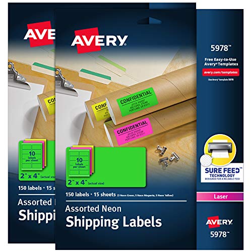 Avery 印刷可能なネオンアドレスラベル 2インチ x 4インチ アソートカラー 2パック 合計300ラベル (5643)