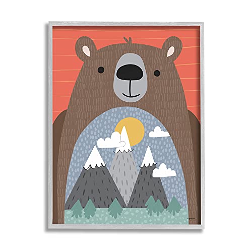 【中古】【未使用・未開封品】Stupell Industries Happy Brown Bear Mountain Range Landscape Belly、Kyra Greyによるデザイン、16 x 20