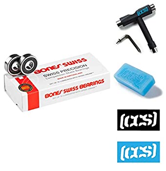 【中古】【輸入品・未使用】Bones Swiss オリジナルベアリング 16個パック 7mm CCSスケートボードツール ワックス&ステッカー付き