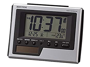 【中古】【輸入品日本向け】リズム(RHYTHM) 置き時計 シルバー 8.3x10.8x4.5cm 目覚まし時計 電波時計 ソーラー 補助電源 温度 カレンダー 8RZ215SR19