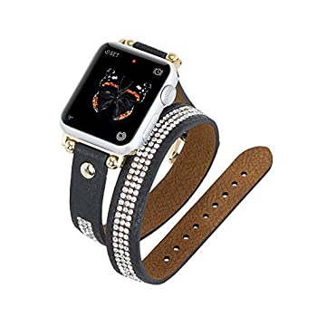 【中古】【輸入品・未使用】Venito Livorno ダブルラップ レザースリムウォッチバンド ラインストーン付き Apple Watch Series 1 2 3 4 5 対応 ステンレススチール金具付き